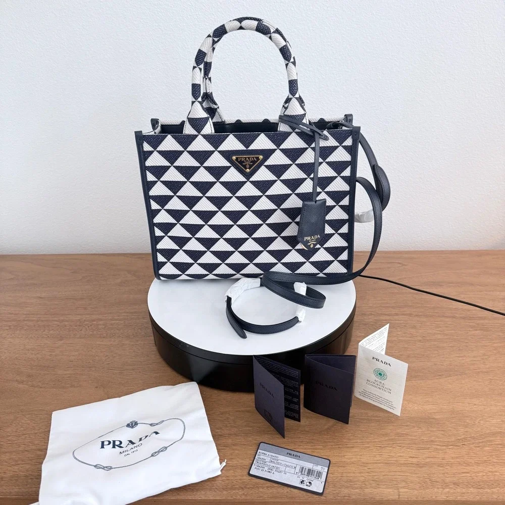 Prada Milano 1BA354 Symbole Jacquard Tote Blue White Triangle Pattern Bag Italy